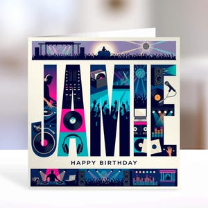 May include: A square greeting card featuring the name JAMIE in large block letters filled with DJ and nightclub imagery, including turntables, headphones, and a crowd. Below the name, the text reads HAPPY BIRTHDAY in black capital letters.