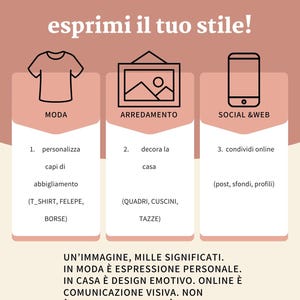 Può includere: Grafica promozionale con il testo "CREA KIKI" e "esprimi il tuo stile!". L'immagine presenta icone per moda, arredamento e social media, con testo correlato. Il testo in basso recita "UN'IMMAGINE, MILLE SIGNIFICATI."