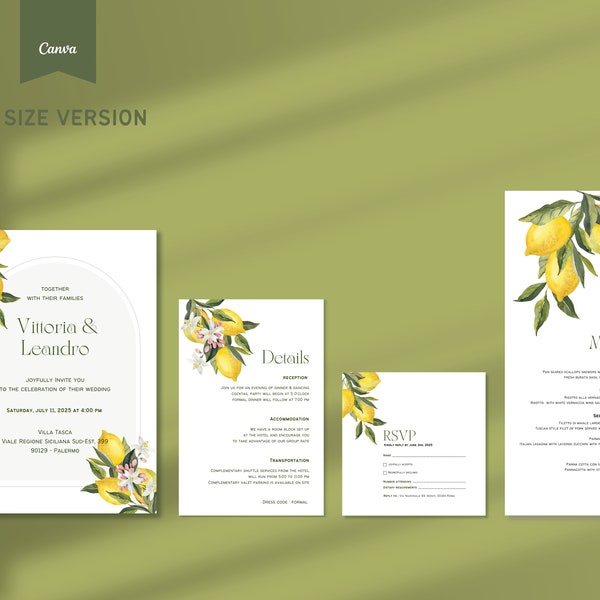 Wedding invitation suite template | Italian mediterranean invite | Customizable in Canva - US VERSION