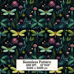 Dragonfly Seamless Pattern, Instant Download, 300 Dpi, 3600x3600, Digital Paper, 12x12, Dragonfly PNG, Dragonfies