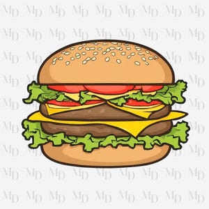 May include: A cartoon illustration of a double cheeseburger with lettuce, tomato, and sesame seed bun.