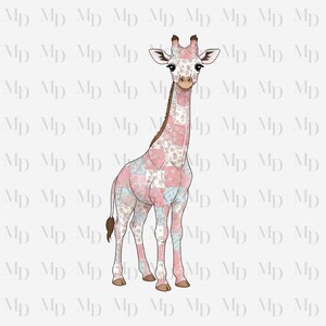 May include: A whimsical illustration of a giraffe with a patchwork pattern in pink, white, and light blue. The giraffe has brown spots on its head and a brown tail. The background is a light gray with the letters "MD" repeated.