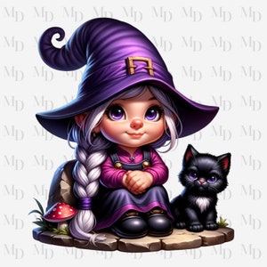 Kleine Hexe Mädchen Gnom und ein schwarzes Kätzchen PNG, Clipart, Sofort Download, digitaler Download PNG, Gnom Mädchen Design, Katze, Halloween