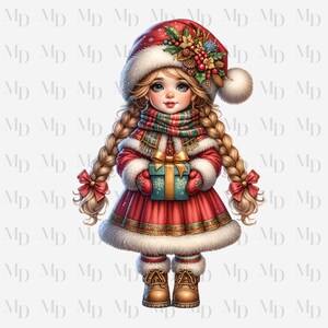 Kerstkaboutermeisje met cadeau PNG, meisje, instant download, digitaal, kerstontwerp, kabouters