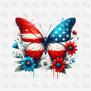 Rot, weiß, blau Aquarell Schmetterling PNG, Schmetterling Clipart Sofort-Download, Sublimation, Fourth Of Juli, Patriotisch