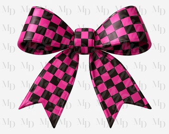 May include: A large, glossy bow with a checkerboard pattern in hot pink and black. The bow is three-dimensional and has a central knot with two large loops and two long, pointed tails. The background is white with a repeating "MD" watermark.