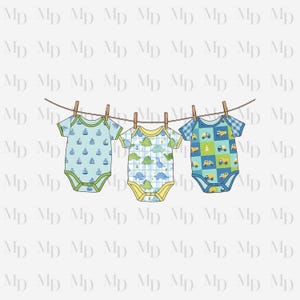 May include: Three baby onesies hanging on a clothesline. The onesies feature different patterns: sailboats, dinosaurs, and vehicles. Each onesie is secured with a wooden clothespin. The color palette includes blue, green, and yellow.