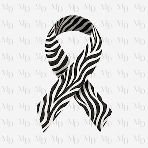 Könnte beinhalten: Ein schwarz-weiß gestreiftes Zebra-Band, in einer Schlaufenform präsentiert. Das Muster des Bandes weist kräftige, unregelmäßige Streifen auf, die einen auffälligen visuellen Kontrast erzeugen. Der Hintergrund ist hellgrau mit einem sich wiederholenden "MD"-Muster.