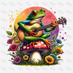 Paddenstoel kikker gitaar spelen PNG, kikker clipart, bloemen, natuur PNG, Instant Download, sublimatie, retro kikker ontwerp