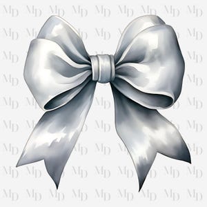 May include: A large, white satin bow with a glossy finish. The bow is tied in a classic style with two long tails.