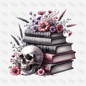 May include: A white skull with a stack of antique books and pink and purple flowers. The books have ornate designs and are stacked on top of each other. The flowers are arranged around the skull and books.