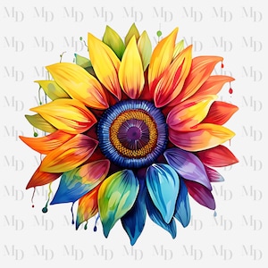 Aquarelle de tournesol arc-en-ciel PNG, téléchargement immédiat des cliparts fleur, sublimation, tournesol