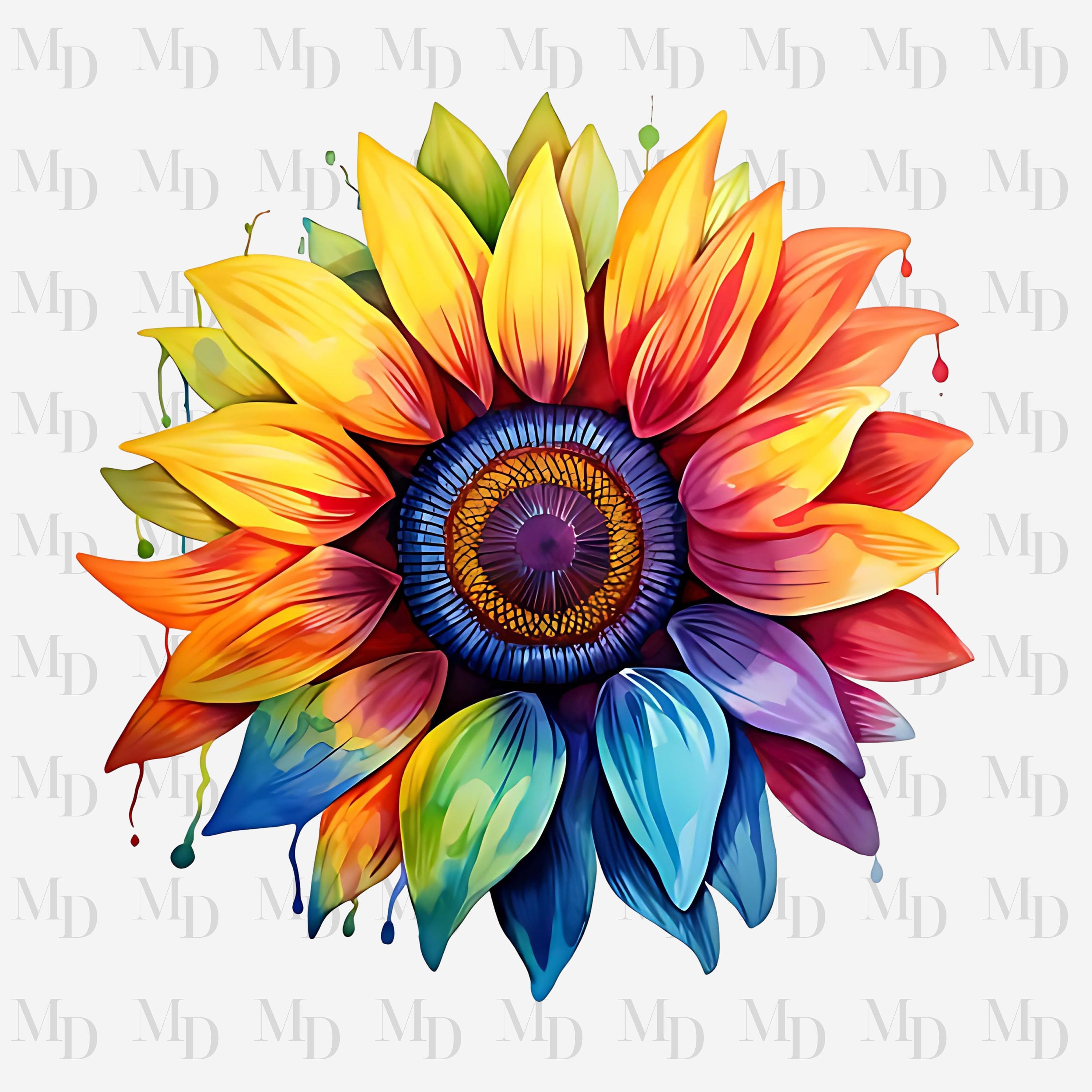 Rainbow Sunflower Watercolor PNG, Flower Clipart Instant Download, Sublimation, Sunflower