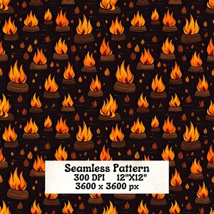 May include: A seamless pattern featuring a repeating design of orange flames in a dark brown background. The flames are drawn in a cartoon style and are surrounded by small, dark brown dots. The pattern is 12 inches by 12 inches and has a resolution of 3600 pixels by 3600 pixels.
