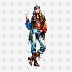 Ragazza hippie con simbolo della pace PNG, Clipart, Download istantaneo, Design hippie, Download digitale, Sublimazione