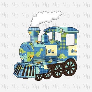 Puede incluir: Ilustración de un tren de juguete azul y verde con motivos de dinosaurios y coches. El tren presenta un patrón de cuadros en el techo y el motor, con humo blanco y ruedas marrones. Un diseño divertido para niños.