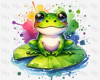 Süße Seerosenblatt Frosch PNG, sofortiger Download, Sublimation, digitaler Download, Aquarell, Frösche, Clipart, Sofort Download, 300Dpi