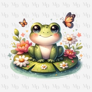 Sapo fofo com nenúfar PNG, Clipart, Download instantâneo, Borboletas, Lírios, 300Dpi, Sublimação, Design de sapo fofo, Sapo verde