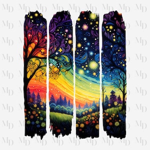 May include: A digital painting of a forest scene with a rainbow sky and a tree with intricate branches. The tree is surrounded by flowers and a field of grass. The sky is filled with stars and a crescent moon.