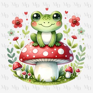 Pilz grüner Frosch PNG, Sublimation, roter und weißer Pilz, niedlicher Frosch auf Pilz, Frosch Clipart Sofortiger Download, digitaler Download