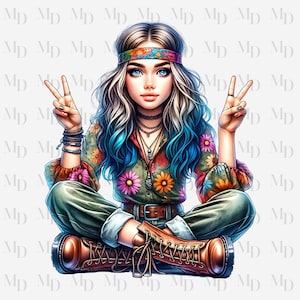 Signe de la paix Hippie Girl PNG, Clipart, téléchargement immédiat, design hippie, téléchargement numérique, sublimation