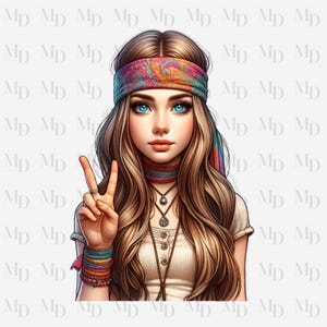 Peace Sign Hippie Girl PNG, Clipart, Instant Download, Hippie design, Digital Download, Sublimation