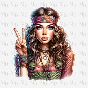 Peace Sign Hippie Girl PNG, Clipart, Instant Download, Hippie design, Digital Download, Sublimation
