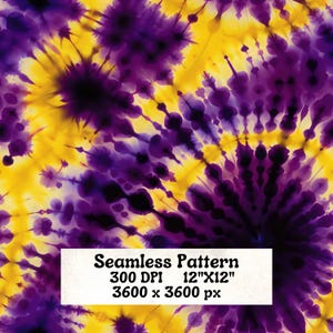 May include: Seamless pattern with a tie-dye design in shades of yellow and purple. The pattern is 12 inches by 12 inches and 300 DPI, with a resolution of 3600 x 3600 pixels.