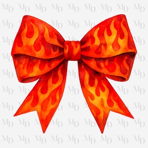 Könnte beinhalten: Eine rote Schleife mit orangefarbenen Flammen, die darauf gemalt sind. Die Schleife ist zu einem Knoten gebunden und die Enden hängen herunter.