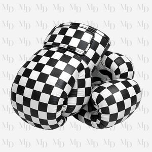 Guantes de boxeo a cuadros blancos y negros PNG, descarga digital instantánea, sublimación, deportes, concienciación