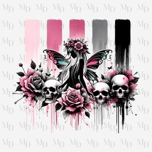 May include: A black silhouette of a fairy with wings and a floral crown, surrounded by pink roses, skulls, and watercolor splatters. The background is a series of vertical pink, gray, and black brushstrokes.