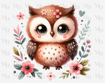Cute Pink and Brown Owl PNG, Owl clipart, Instant Download, Digital, 300 DPI, Baby Design, Sublimation design, Flower, Owls, Nursery Design