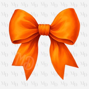May include: A vibrant orange bow with long, flowing ribbons. The bow is centrally knotted, with detailed shading that gives it a three-dimensional appearance. The background has a repeating pattern of the letters "MD".
