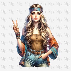 Signe de la paix Hippie Girl PNG, Clipart, téléchargement immédiat, design hippie, téléchargement numérique, sublimation