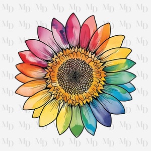Rainbow Sunflower Watercolor PNG, Flower Clipart Instant Download, Sublimation, Sunflower