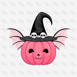 Cute Pink Pumpkin Bat Wearing Witch Hat  PNG, Pumpkin clipart, Instant Download, Digital, 300 DPI, Halloween Design, Sublimation design