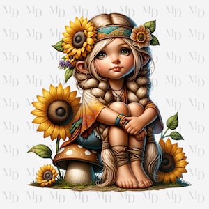 Zonnebloem paddestoel kaboutermeisje PNG, clipart, digitale download, gratis commercieel gebruik, png-ontwerp
