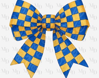 Blau & Gelb karierte Schleife PNG, Sublimation, Kokette Clipart (digitaler Download)