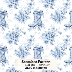 Botte de cow-girl fleurie bleu clair, motif transparent, bleu clair sur blanc, motif country
