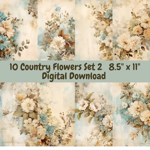 Páginas de diário Country Flowers Junk, papel digital, download instantâneo, 8,5" x 11", cartões comemorativos, scrapbooking, cartões-postais, impressão em casa