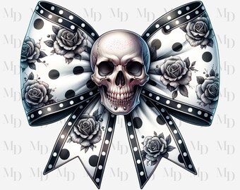 Può includere: Un fiocco bianco con pois neri e rose nere, con un teschio bianco al centro.