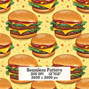 Cheeseburger Seamless Pattern, Instant Download, 300 Dpi, 3600x3600, Digital Paper, 12x12, Cheeseburger pattern PNG, Burgers