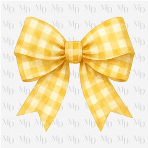 Puede incluir: Un lazo amarillo de cuadros vichy con efecto acuarela. El lazo está atado en un nudo y los extremos fluyen.