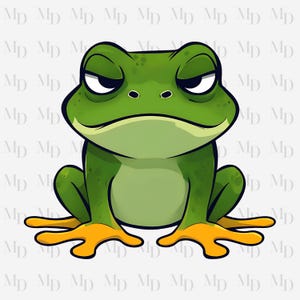 May include: A cartoon illustration of a green frog with a grumpy expression. The frog is sitting with its legs crossed and has orange feet.