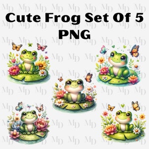 Conjunto de 5 borboletas fofas com lírios-de-sapo PNG, clipart de sapo, download instantâneo, design de primavera, borboletas, sublimação