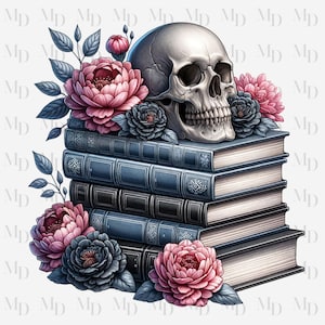 Donkere bloemen stapel oude boeken met schedel PNG, boek clipart direct download, sublimatie, boekenontwerp, zwarte en roze bloemen