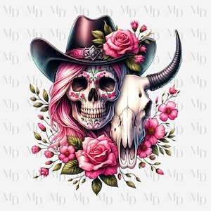 May include: A sugar skull wearing a cowboy hat with pink hair and a floral design. The skull is holding a cow skull with pink flowers around it.