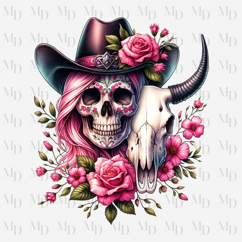 May include: A sugar skull wearing a cowboy hat with pink hair and a floral design. The skull is holding a cow skull with pink flowers around it.