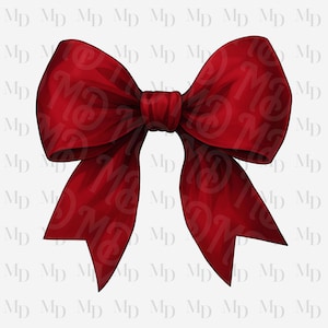 May include: A digitally rendered, vibrant red bow with a satin-like texture. The bow features a classic design with large loops and flowing tails. The background is a light gray with a repeating pattern of the letters "MD".