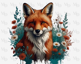 Floral Fox PNG, Clipart, Instant Download, Digital Download PNG, Fox Design, Animal Design, Flowers